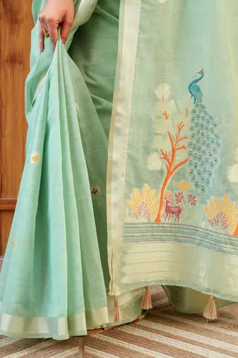 chitra handloom cotton blend saree with zari motifs & pallu pista green