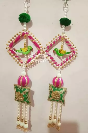 handmade multicolour square moti chudi parrot cushion decor hanging (pack of 2)