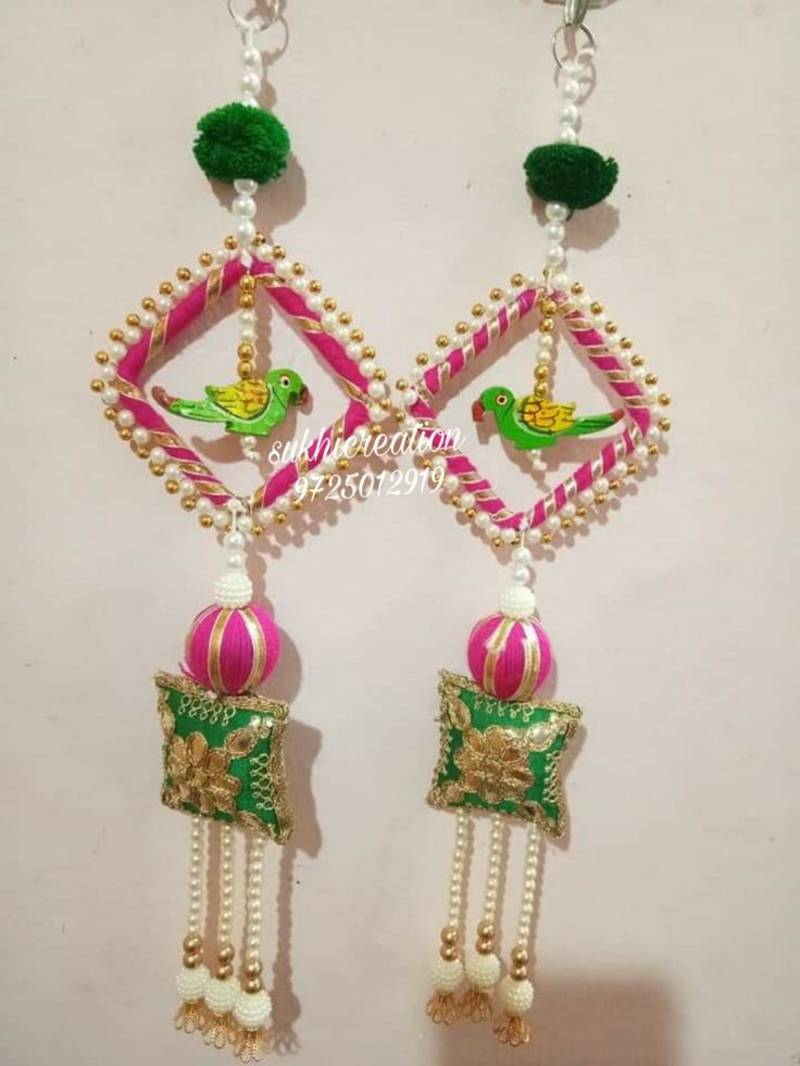 handmade multicolour square moti chudi parrot cushion decor hanging (pack of 2)