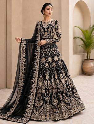 Black net semi stitched anarkali suit with embroidery & stone work 2