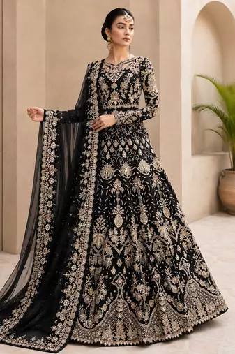 Black net semi stitched anarkali suit with embroidery & stone work