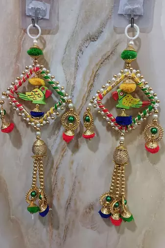 handmade multicolour square chudi parrot and festive decor hanging (pack of 2)