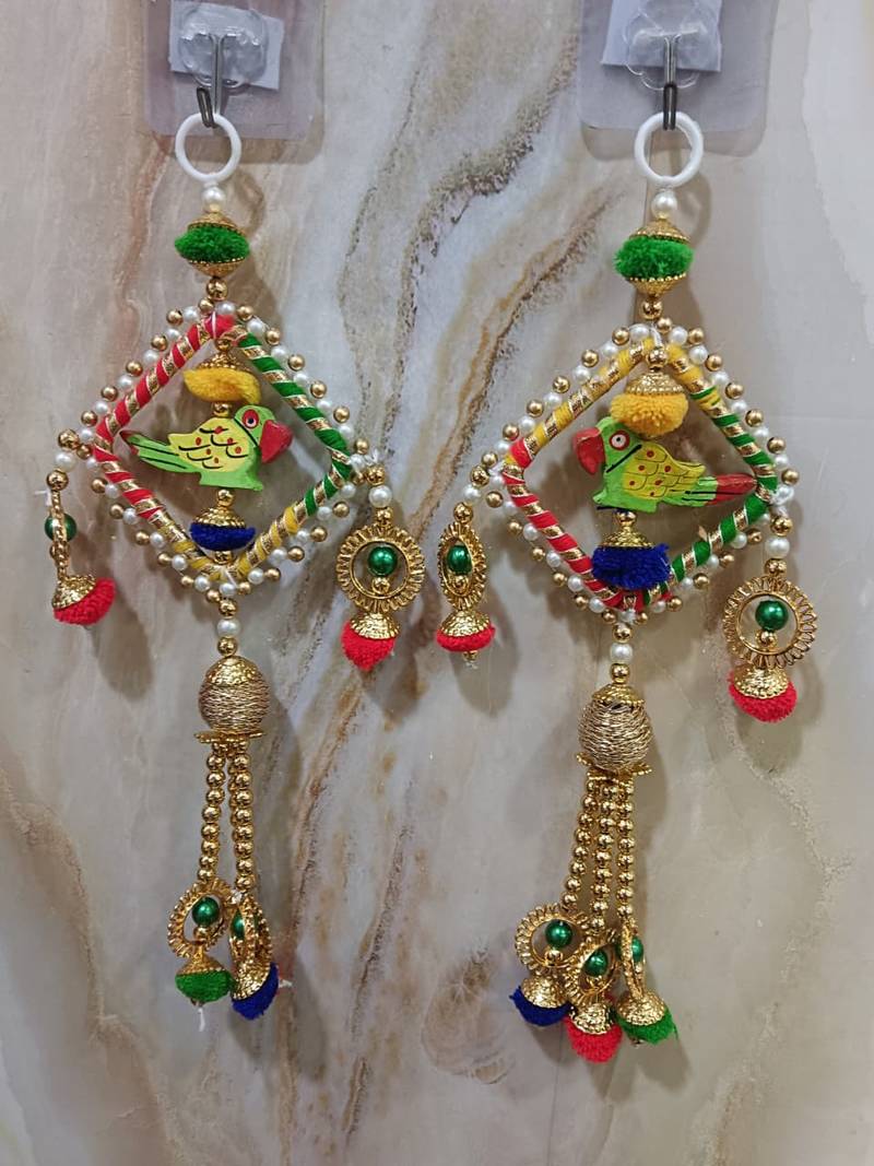 handmade multicolour square chudi parrot and festive decor hanging (pack of 2)