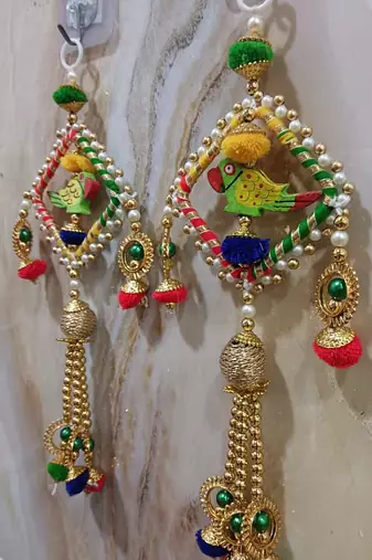handmade multicolour square chudi parrot and festive decor hanging (pack of 2)