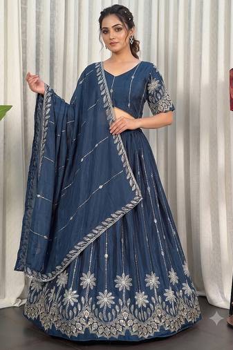 Designer Navy Blue Dori & Thread Work Festive Wear Lehenga Choli Set