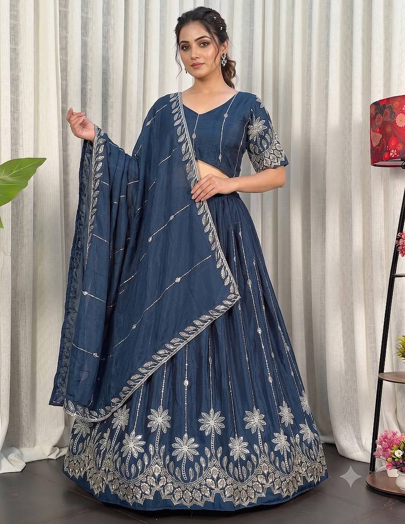 Designer Navy Blue Dori & Thread Work Festive Wear Lehenga Choli Set