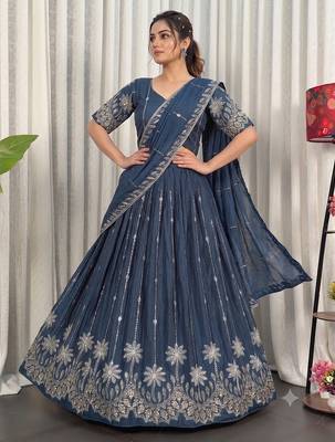 Designer Navy Blue Dori & Thread Work Festive Wear Lehenga Choli Set 2