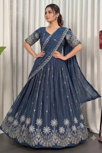 Designer Navy Blue Dori & Thread Work Festive Wear Lehenga Choli Set
