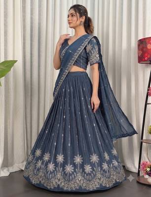 Designer Navy Blue Dori & Thread Work Festive Wear Lehenga Choli Set 3