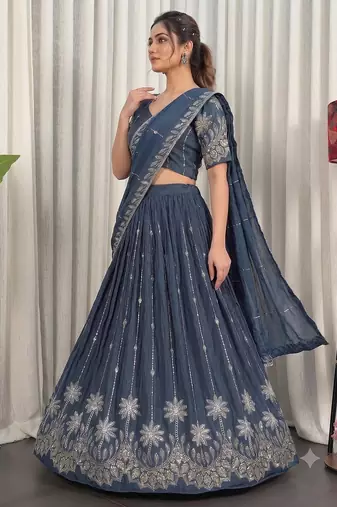 Designer Navy Blue Dori & Thread Work Festive Wear Lehenga Choli Set