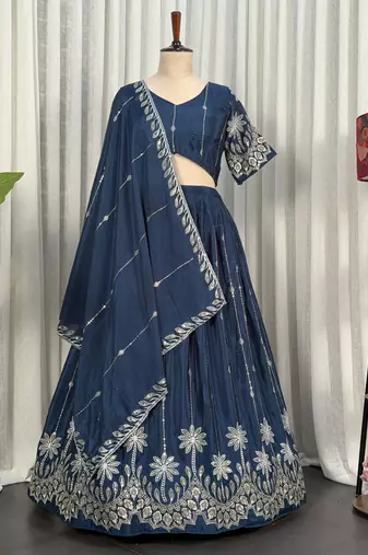 Designer Navy Blue Dori & Thread Work Festive Wear Lehenga Choli Set