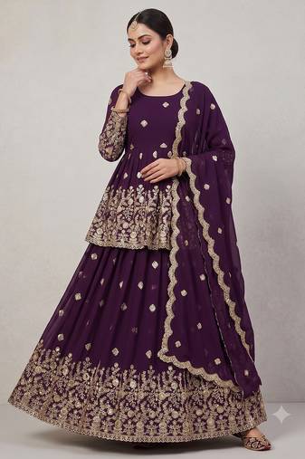 Wine Purple Georgette Embroidered Peplum Top Lehenga Choli Set with Dupatta
