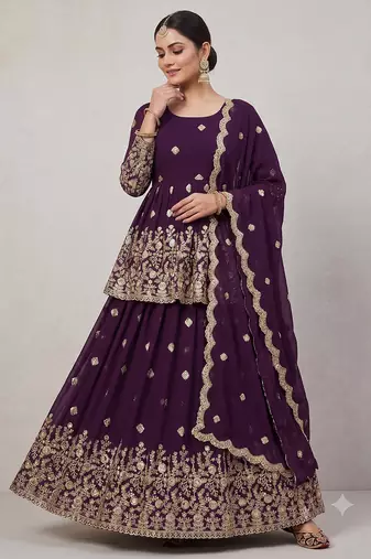 Wine Purple Georgette Embroidered Peplum Top Lehenga Choli Set with Dupatta