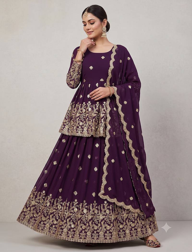 Wine Purple Georgette Embroidered Peplum Top Lehenga Choli Set with Dupatta