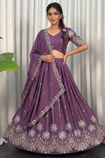 Designer Wine Purple Dori & Thread Work Festive Wear Lehenga Choli Set