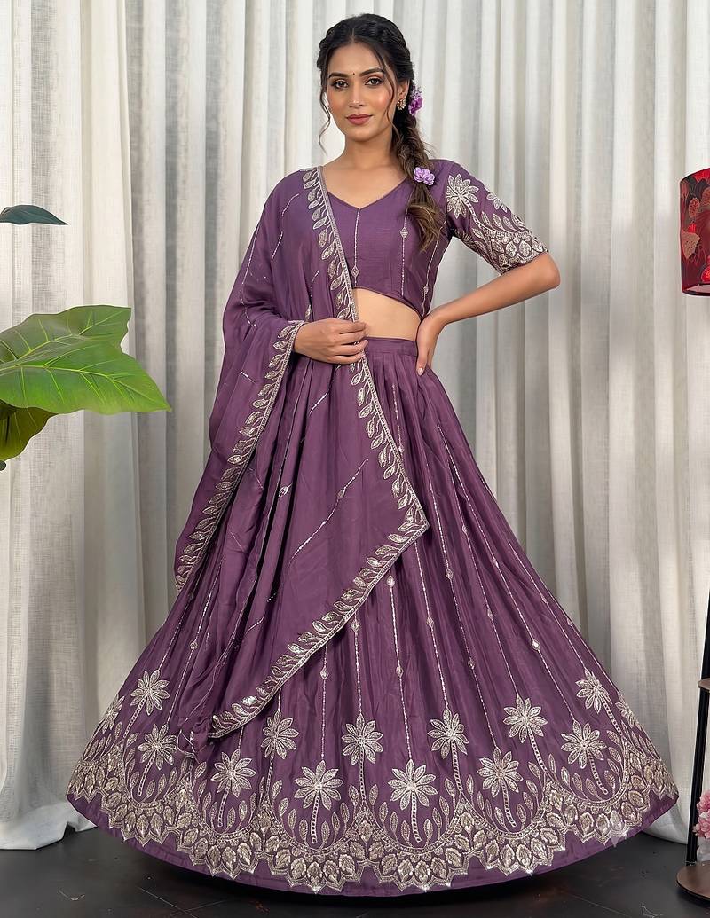 Designer Wine Purple Dori & Thread Work Festive Wear Lehenga Choli Set