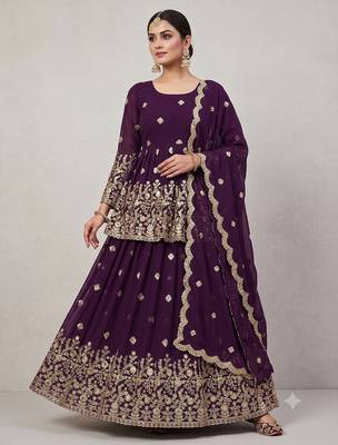 Wine Purple Georgette Embroidered Peplum Top Lehenga Choli Set with Dupatta 2