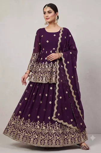 Wine Purple Georgette Embroidered Peplum Top Lehenga Choli Set with Dupatta