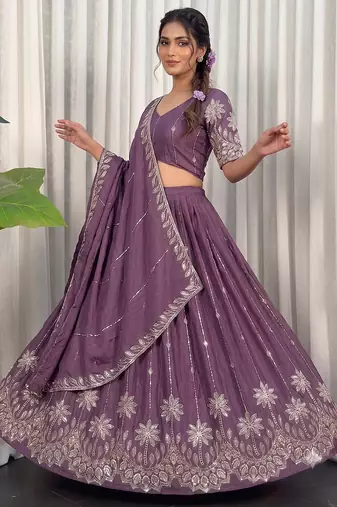 Designer Wine Purple Dori & Thread Work Festive Wear Lehenga Choli Set