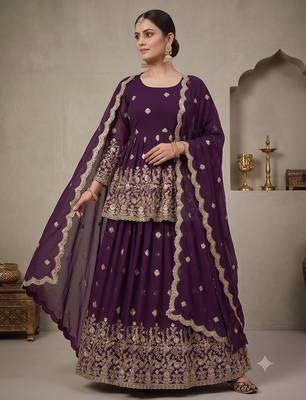 Wine Purple Georgette Embroidered Peplum Top Lehenga Choli Set with Dupatta 3