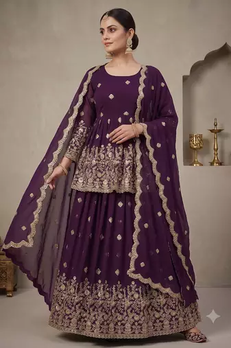 Wine Purple Georgette Embroidered Peplum Top Lehenga Choli Set with Dupatta
