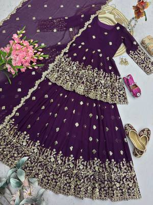 Wine Purple Georgette Embroidered Peplum Top Lehenga Choli Set with Dupatta 4