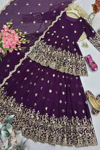 Wine Purple Georgette Embroidered Peplum Top Lehenga Choli Set with Dupatta
