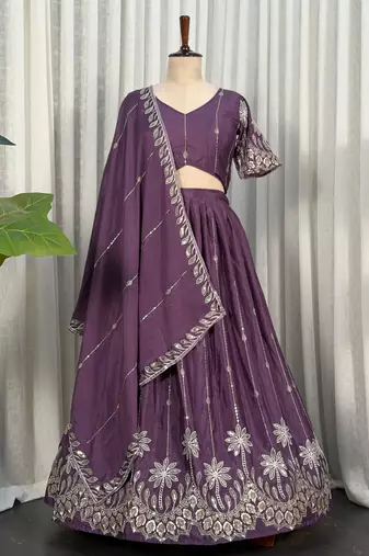 Designer Wine Purple Dori & Thread Work Festive Wear Lehenga Choli Set
