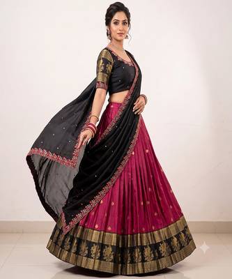 Rani Pink & Black Zari Border Lehenga Choli 1