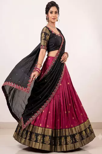 Rani Pink & Black Zari Border Lehenga Choli
