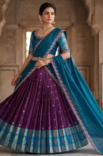 Wine& Blue Zari Border Lehenga Choli