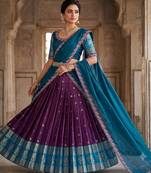 Wine& Blue Zari Border Lehenga Choli