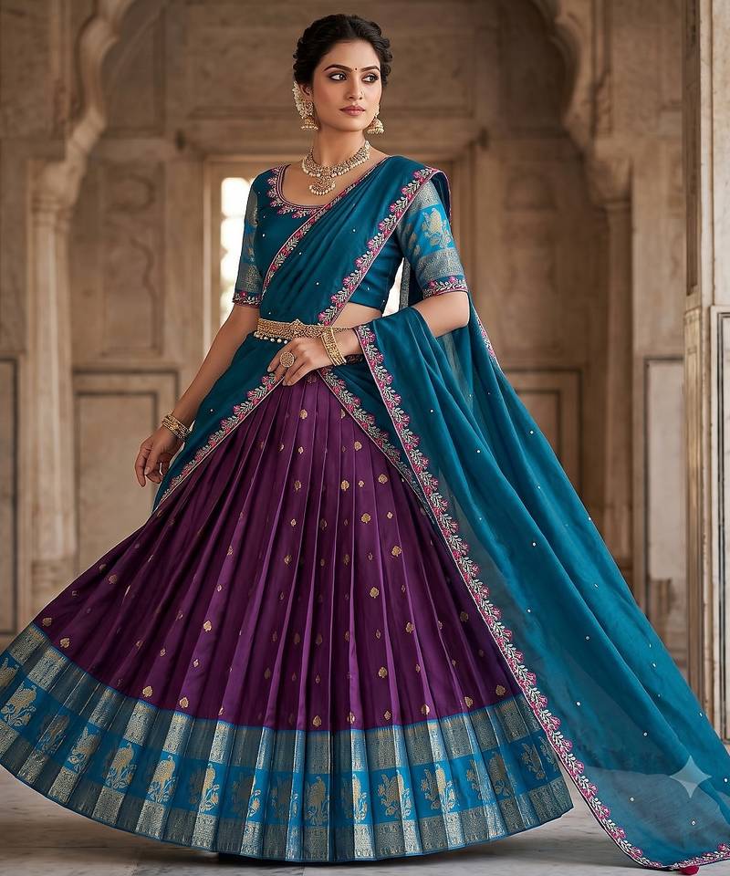 Wine& Blue Zari Border Lehenga Choli