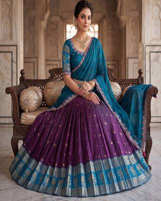 Wine& Blue Zari Border Lehenga Choli 2