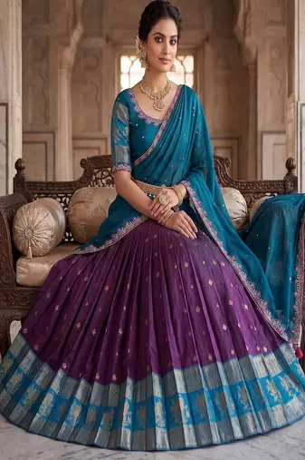 Wine& Blue Zari Border Lehenga Choli