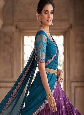 Wine& Blue Zari Border Lehenga Choli 3