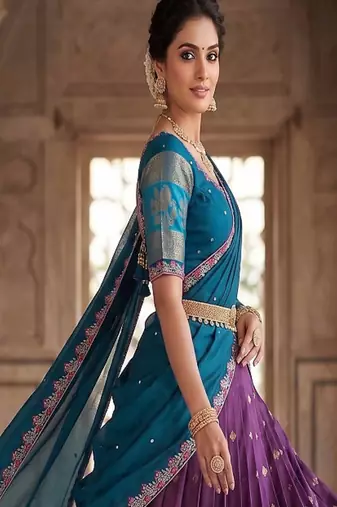Wine& Blue Zari Border Lehenga Choli