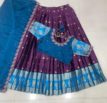 Wine& Blue Zari Border Lehenga Choli 4