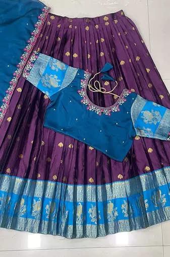 Wine& Blue Zari Border Lehenga Choli