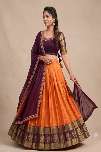 Orange & Wine Zari Border Lehenga Choli