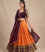 Orange & Wine Zari Border Lehenga Choli