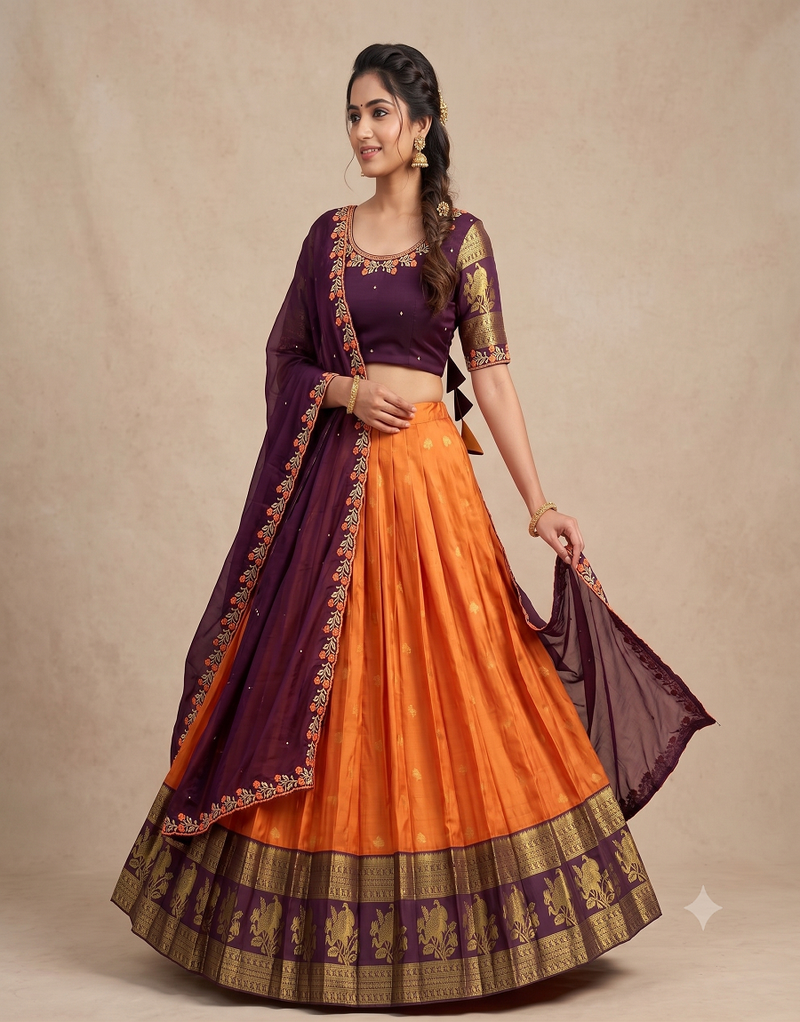 Orange & Wine Zari Border Lehenga Choli