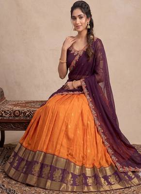 Orange & Wine Zari Border Lehenga Choli 2