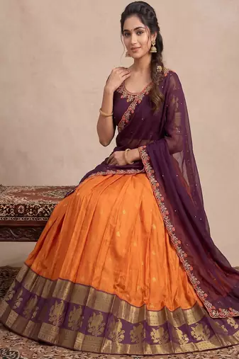 Orange & Wine Zari Border Lehenga Choli
