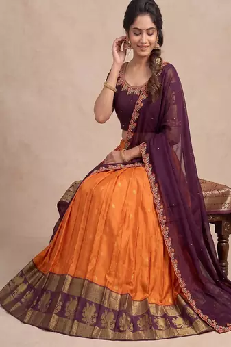Orange & Wine Zari Border Lehenga Choli