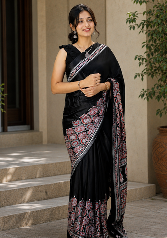 Black Color Printed And Mirror Work Silkm Blend Saree