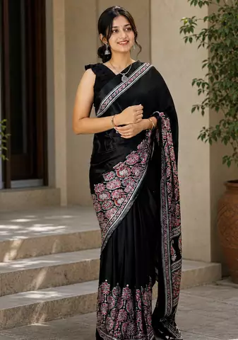Black Color Printed And Mirror Work Silkm Blend Saree