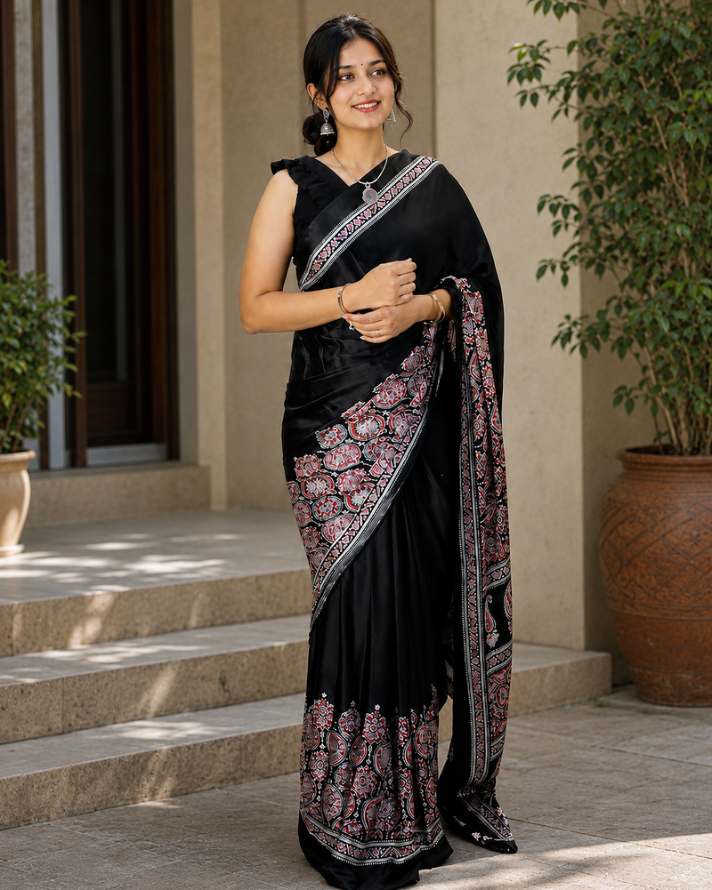 Black Color Printed And Mirror Work Silkm Blend Saree