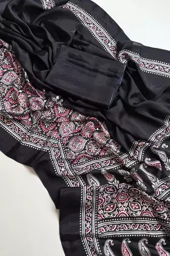 Black Color Printed And Mirror Work Silkm Blend Saree