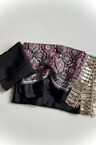Black Color Printed And Mirror Work Silkm Blend Saree